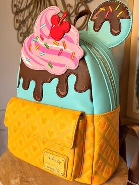 Disney Mint, Pink, Yellow & Brown Ice Cream Cone Backpack and matching ears NEW